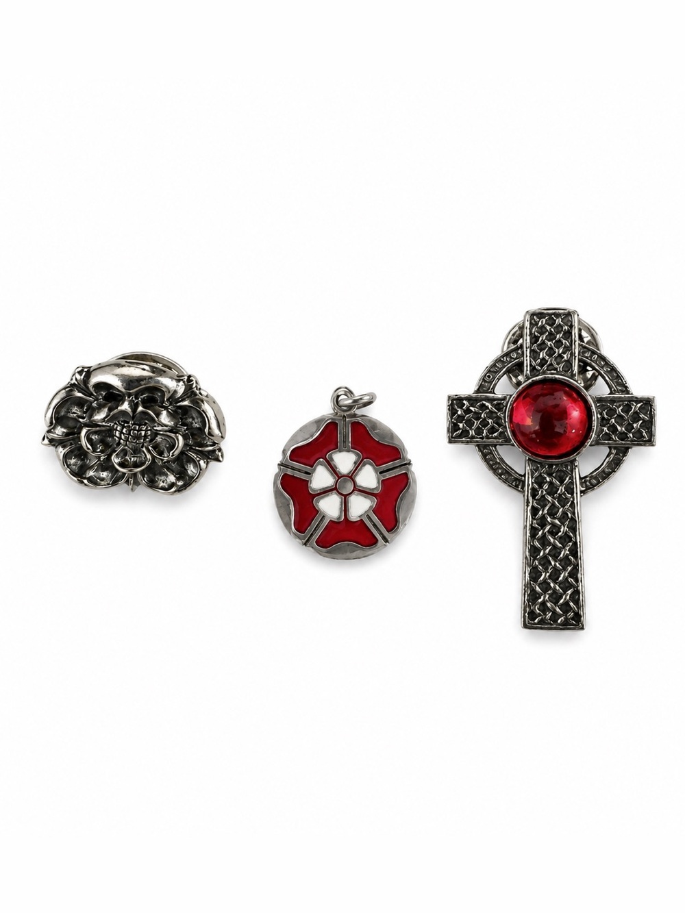 Vintage Celtic Cross & Tudor Rose Pewter/Sterling Silver Pin Pendant Bundle Set